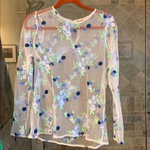 White sheer long sleeve floral shirt
